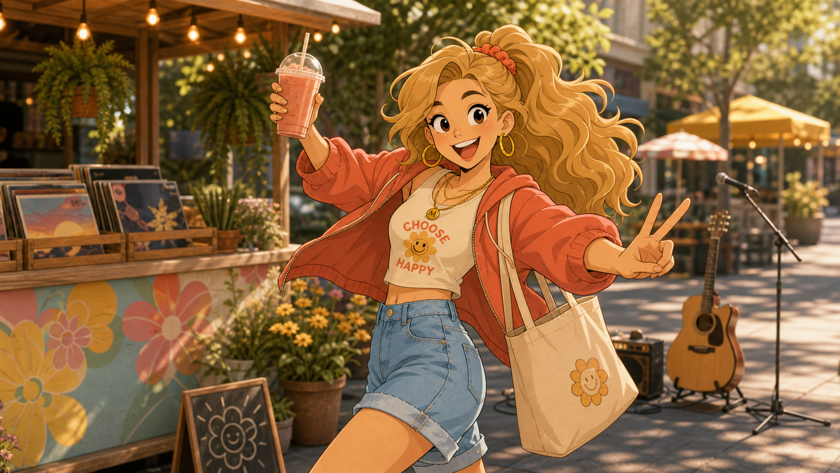 LUNA smiling brightly and flashing a peace sign with a pink cold drink under golden street sunlight - WELO Journal